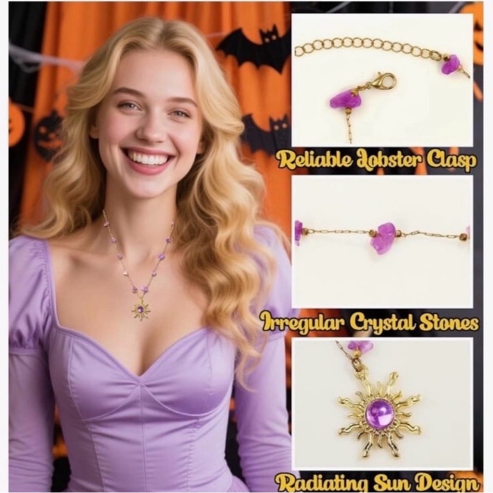 Disney inspired Princess Rapunzel Gold and Purple Sunburst Necklace - Picture 3 of 7